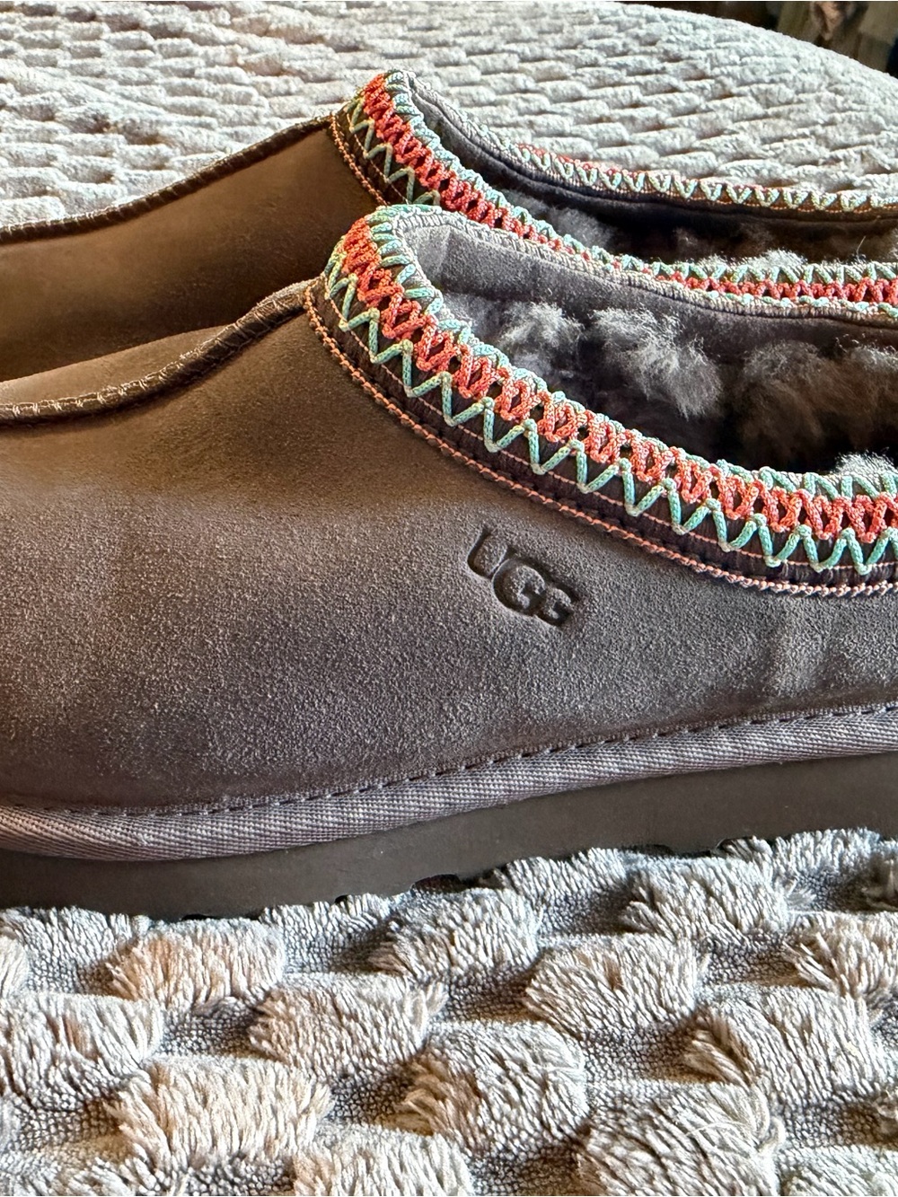 UGG gray Slip-On Shearling-Lined Slippers with Multicolor Trim